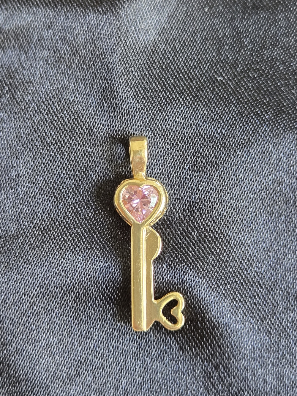 10K Gold Heart Key Pendant Charm with Pink Stone